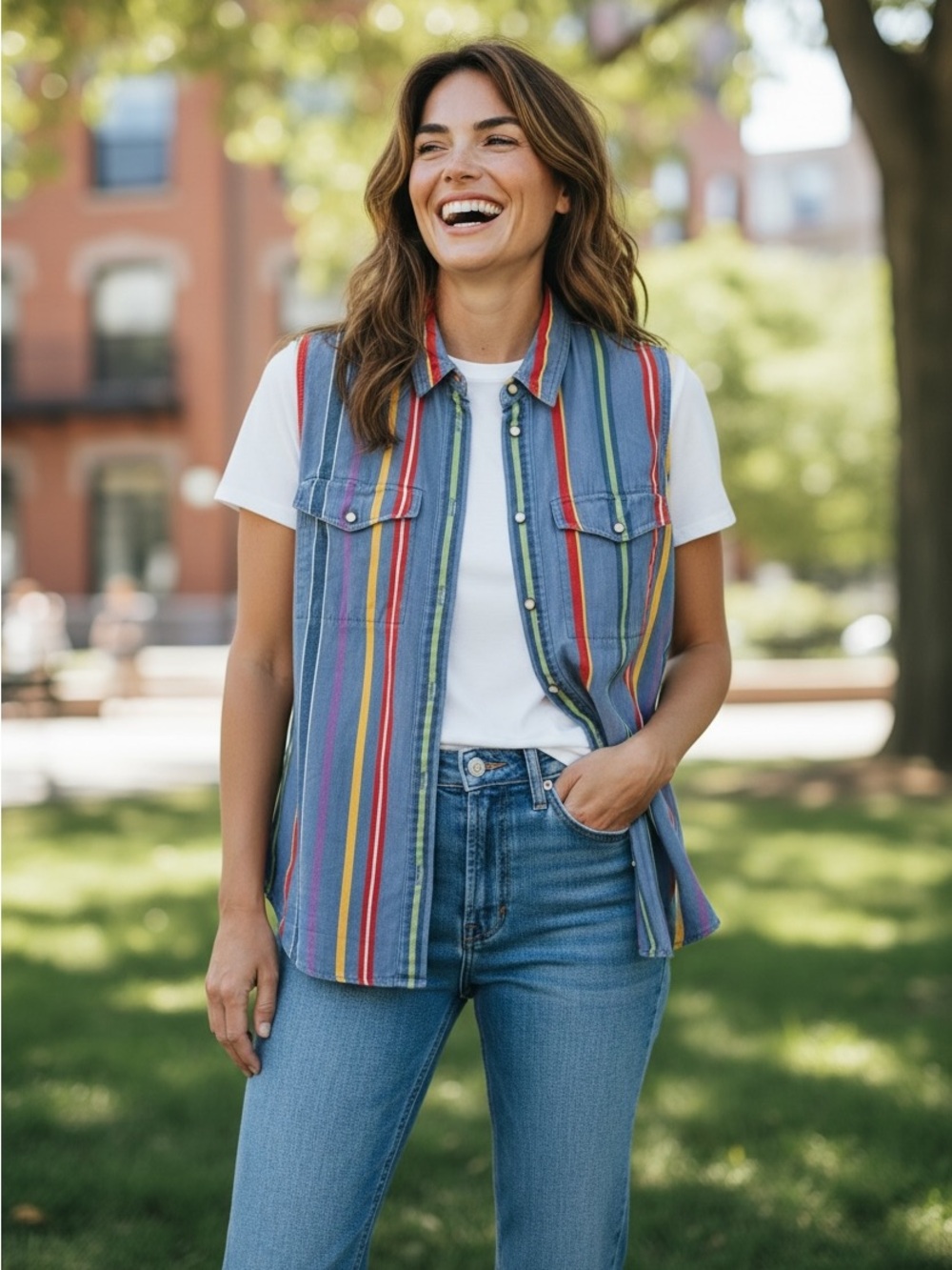 VTG Lizwear Sleeveless Western Pearl Snap Striped Shirt L 90s GrandmaCore